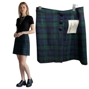 Vintage ChristopherA Plaid Mini Skirt NWT Blue Green Wool Blend Wrap Size 9/M